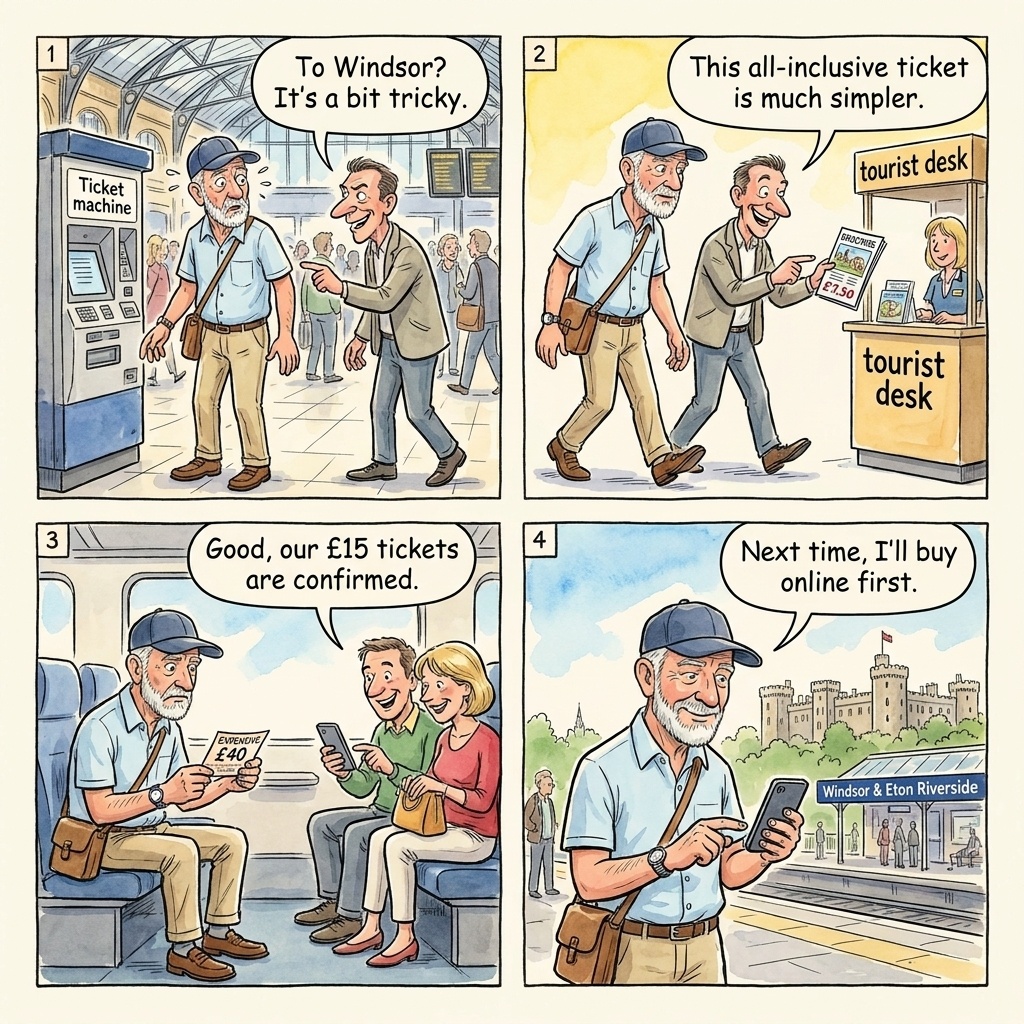 Windsor Train-Station Confusion & Wrong-Station Upsell — comic illustration