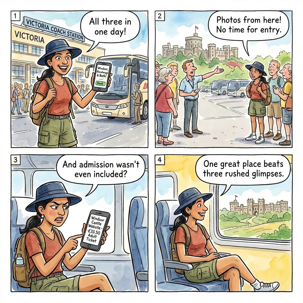 Windsor + Stonehenge + Bath Coach-Park Combo Day-Trip Fraud — comic illustration
