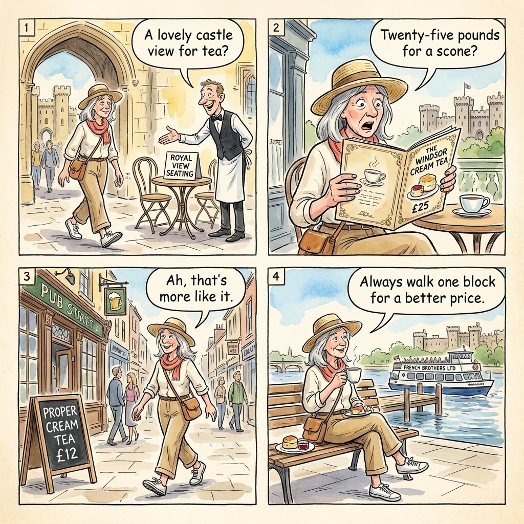 Windsor Castle Hill Tourist-Trap Cafes & Thames Pier Boat Upsell — comic illustration