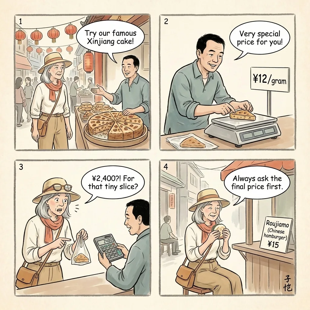 Muslim Quarter Tourist-Menu & 'Famous' Food Stall Overcharge — comic illustration