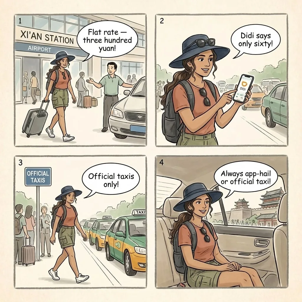 Xi'an Airport Taxi Overcharge & Station Touts — comic illustration