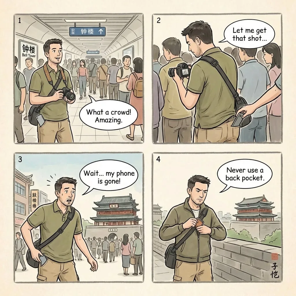 Bell Tower & Drum Tower Area Pickpockets — comic illustration