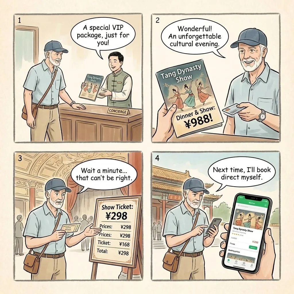 Tang Paradise / Huaqing Hot Spring 'Show' Ticket Scams — comic illustration