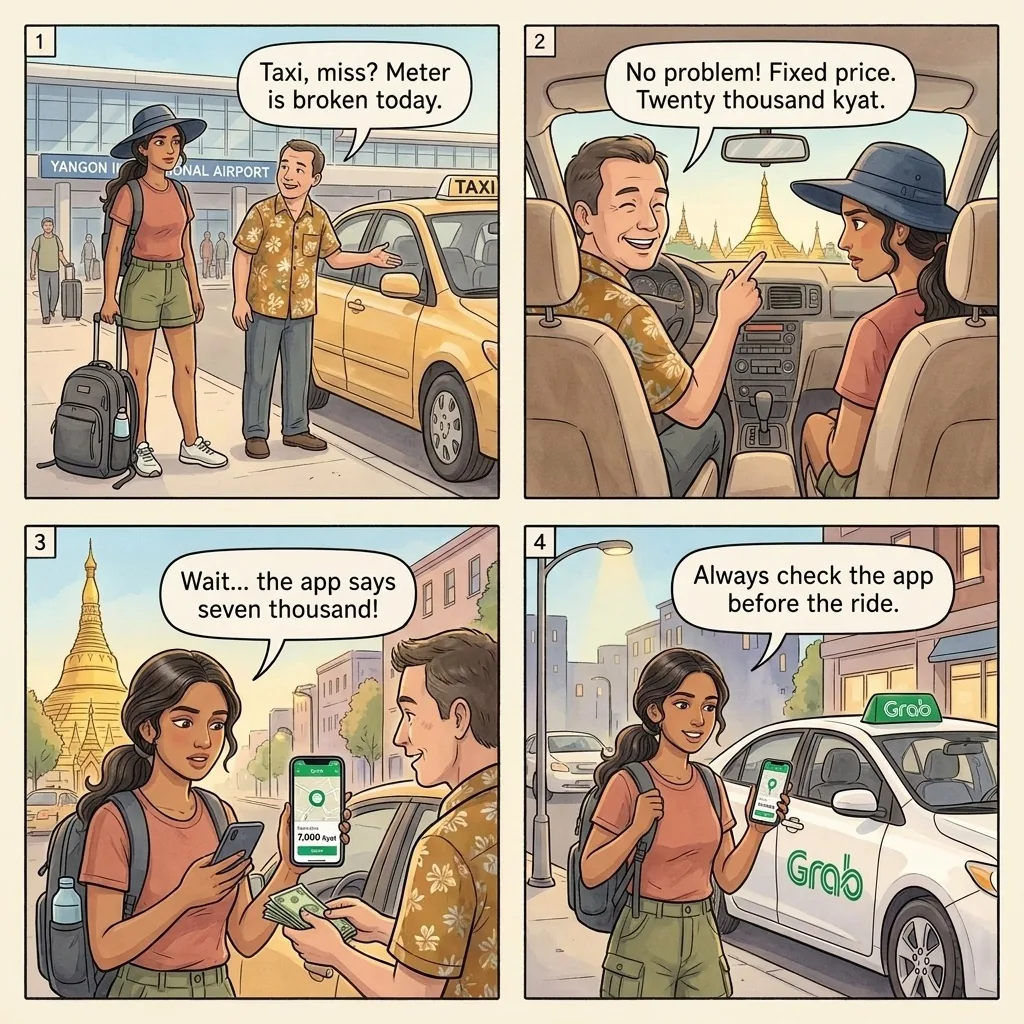 The Yangon Taxi 'Broken Meter' Manipulation — comic illustration