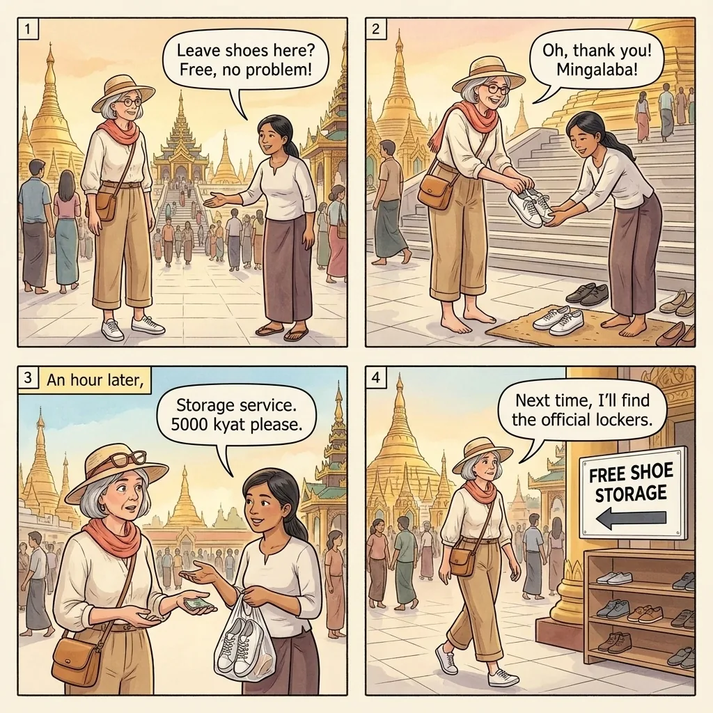 The Shwedagon Pagoda 'Shoe Watcher' Fee — comic illustration