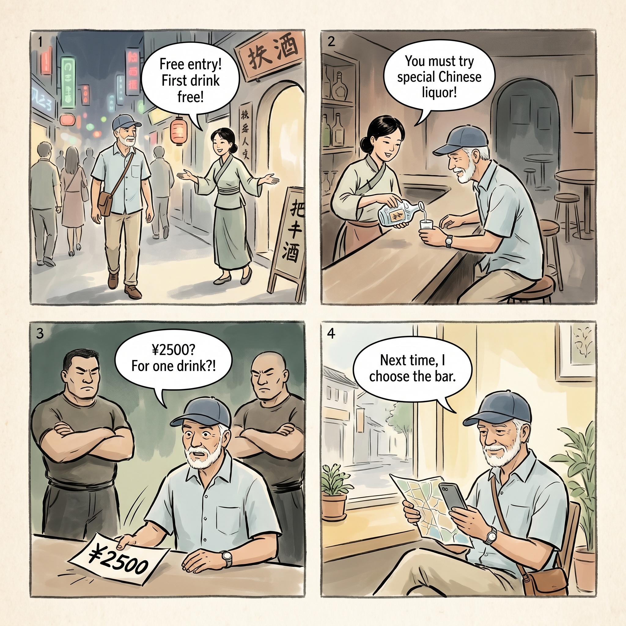 West Street Tout & Fake 'Free' Bar Entry Scams — comic illustration