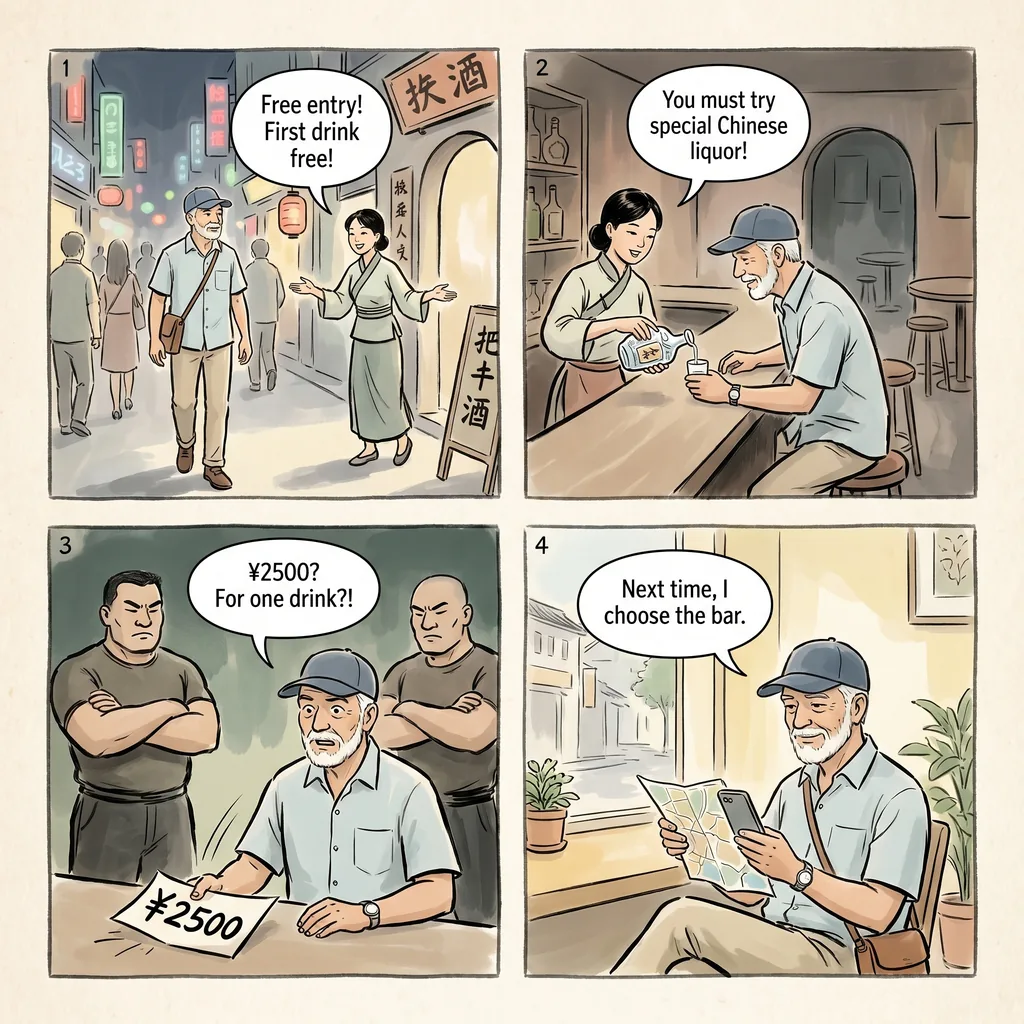 West Street Tout & Fake 'Free' Bar Entry Scams — comic illustration