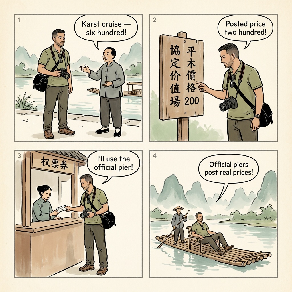 Yulong River Bamboo Raft Scams & 'Cormorant Photo' Tout — comic illustration