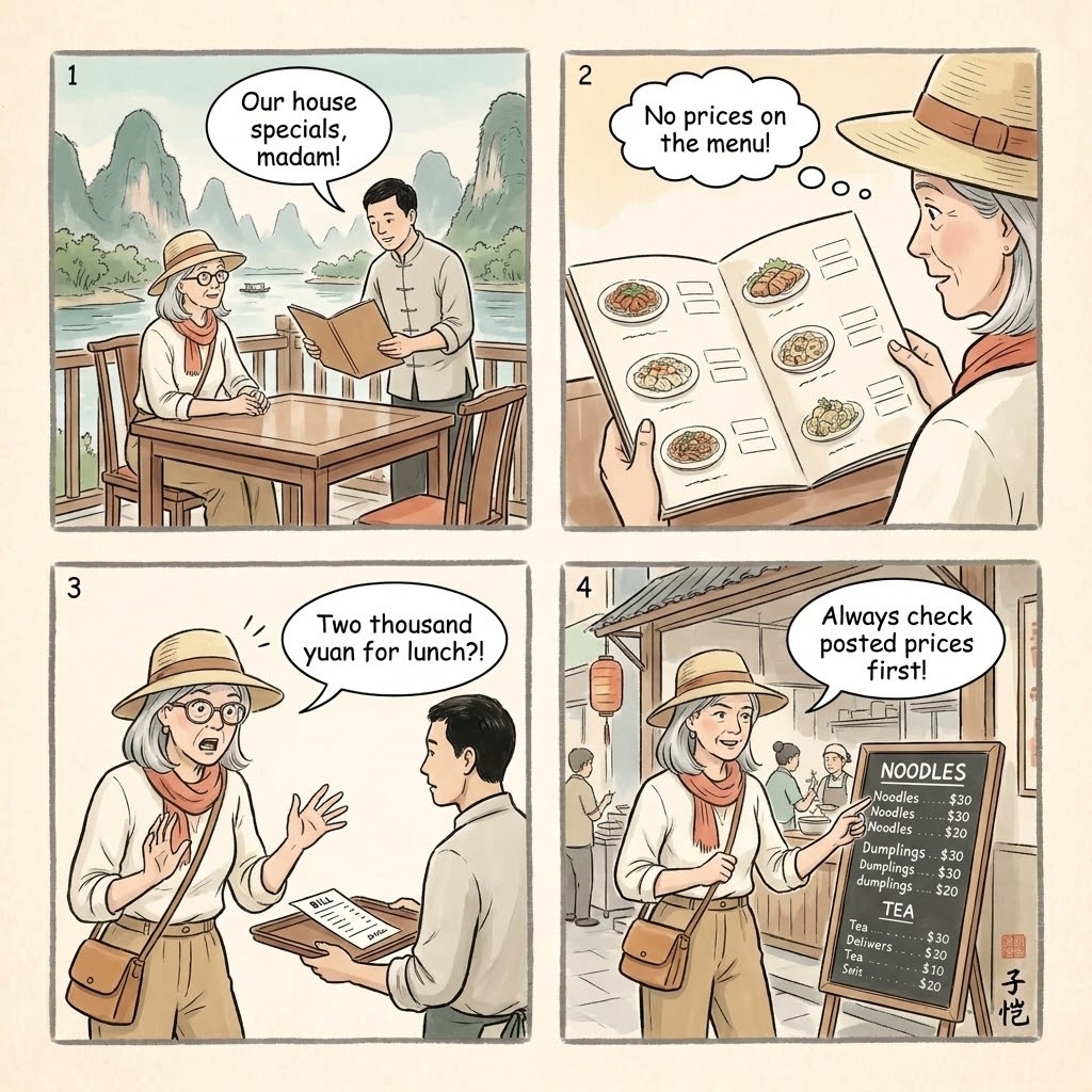 Yangshuo Restaurant 'Beer Fish' Tourist-Menu Overcharge — comic illustration