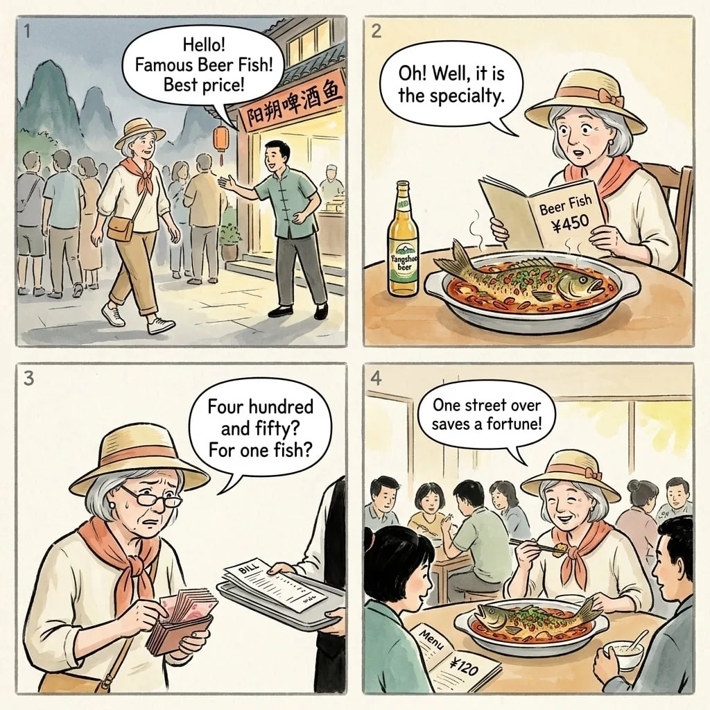 Yangshuo Restaurant 'Beer Fish' Tourist-Menu Overcharge — comic illustration