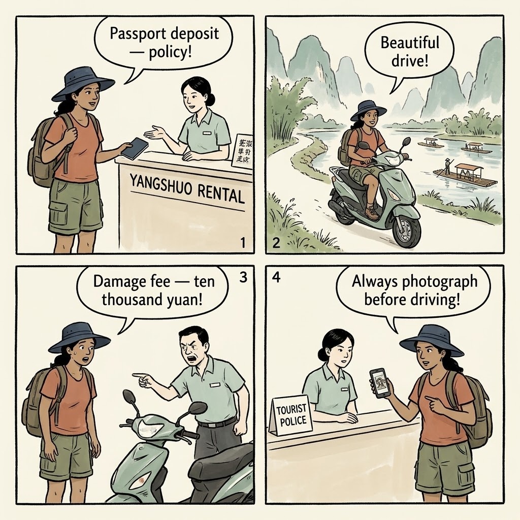 Yangshuo Bike Rental & Electric Scooter Scams — comic illustration