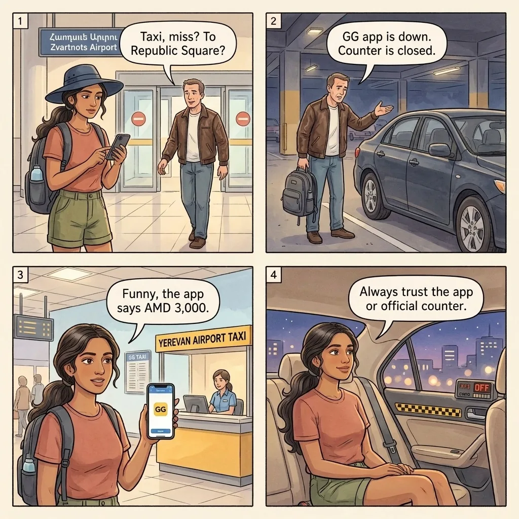 The Zvartnots Airport Unlicensed-Taxi Shakedown — comic illustration