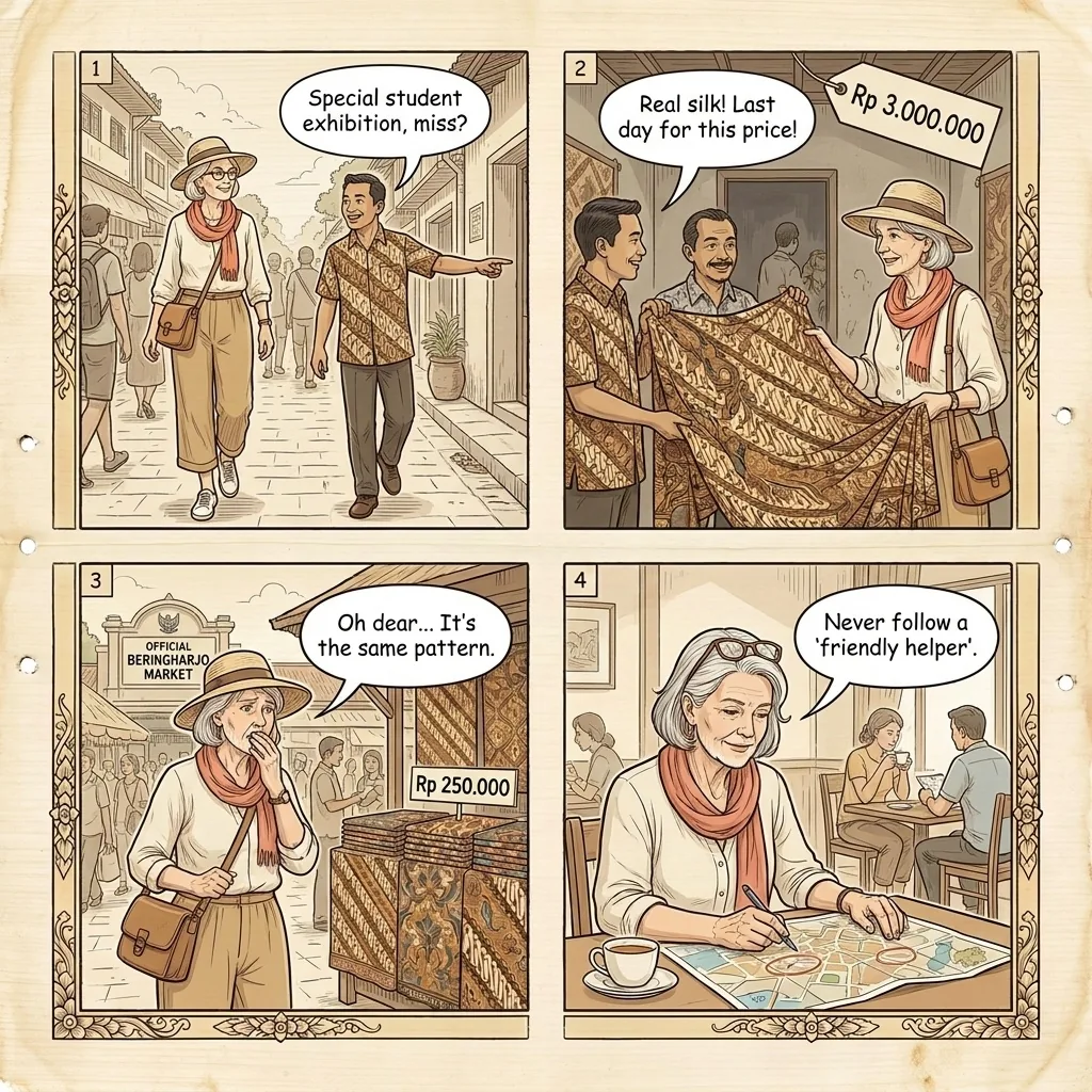 Yogyakarta Malioboro Batik Gallery Commission Scam — comic illustration