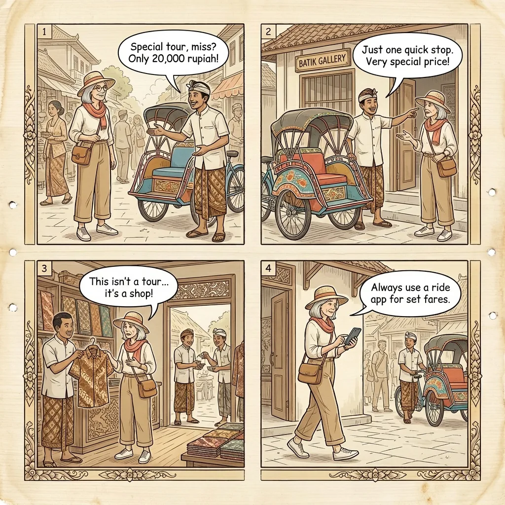 Yogyakarta Becak & Andong Pedicab 'Free Tour' Commission Scam — comic illustration
