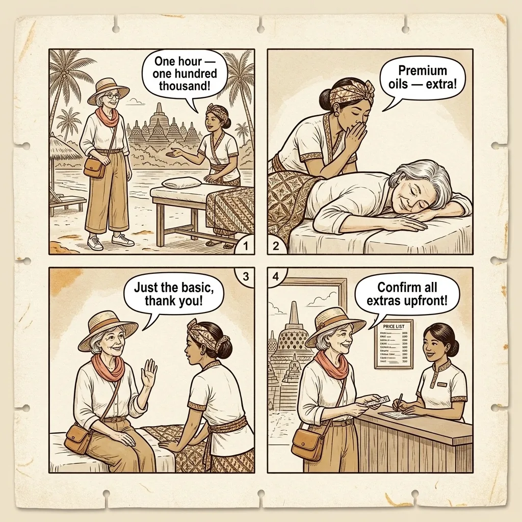 Borobudur Temple Sunrise Fake-Ticket & Manohara Upsell Scam — comic illustration