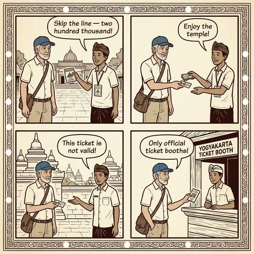 Prambanan Temple 'Mandatory Guide' & Skip-the-Line Fraud — comic illustration