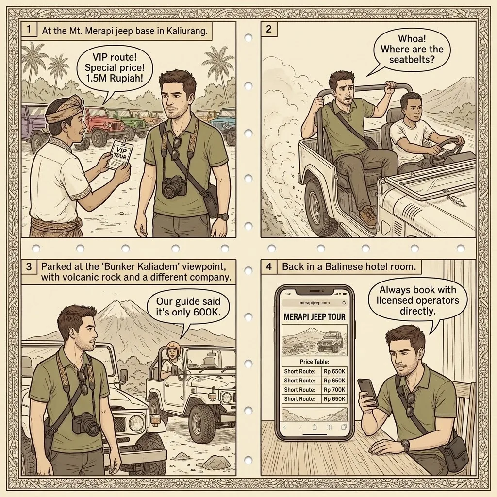Mount Merapi Jeep Lava Tour Unlicensed Operator & Overcharge — comic illustration