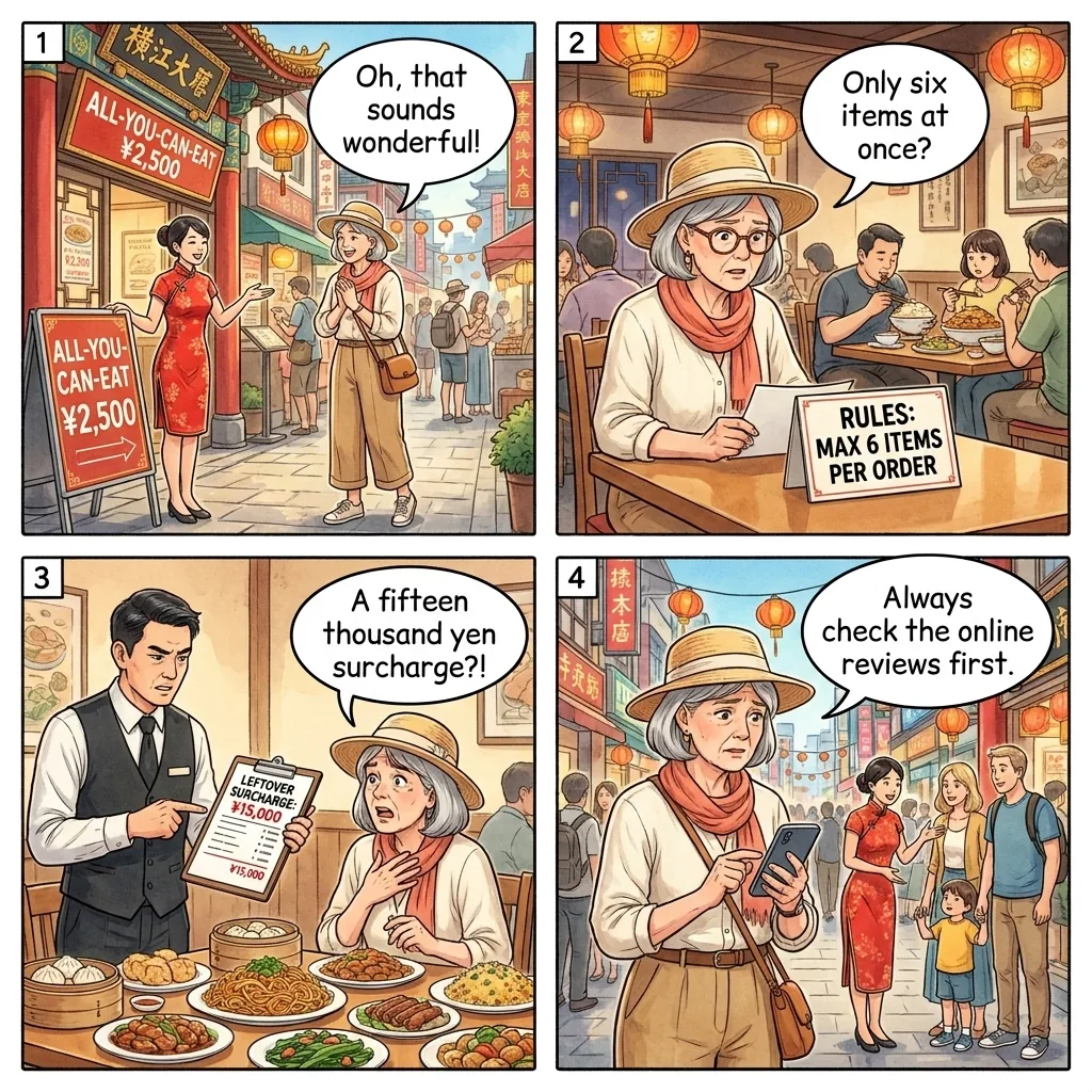 The Chinatown All-You-Can-Eat 6-Order Limit & Leftover Surcharge — comic illustration