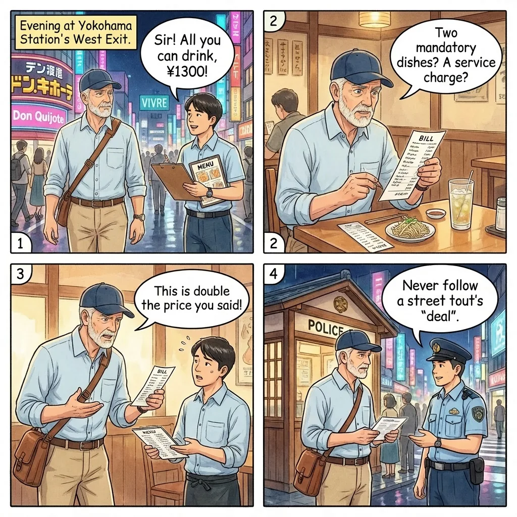 The Yokohama Station West Exit Tout-Izakaya Trap — comic illustration