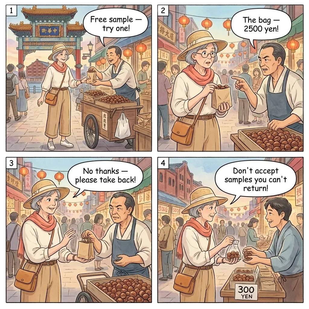 The Chinatown Sweet Chestnut Sample-Then-Force-Sell — comic illustration