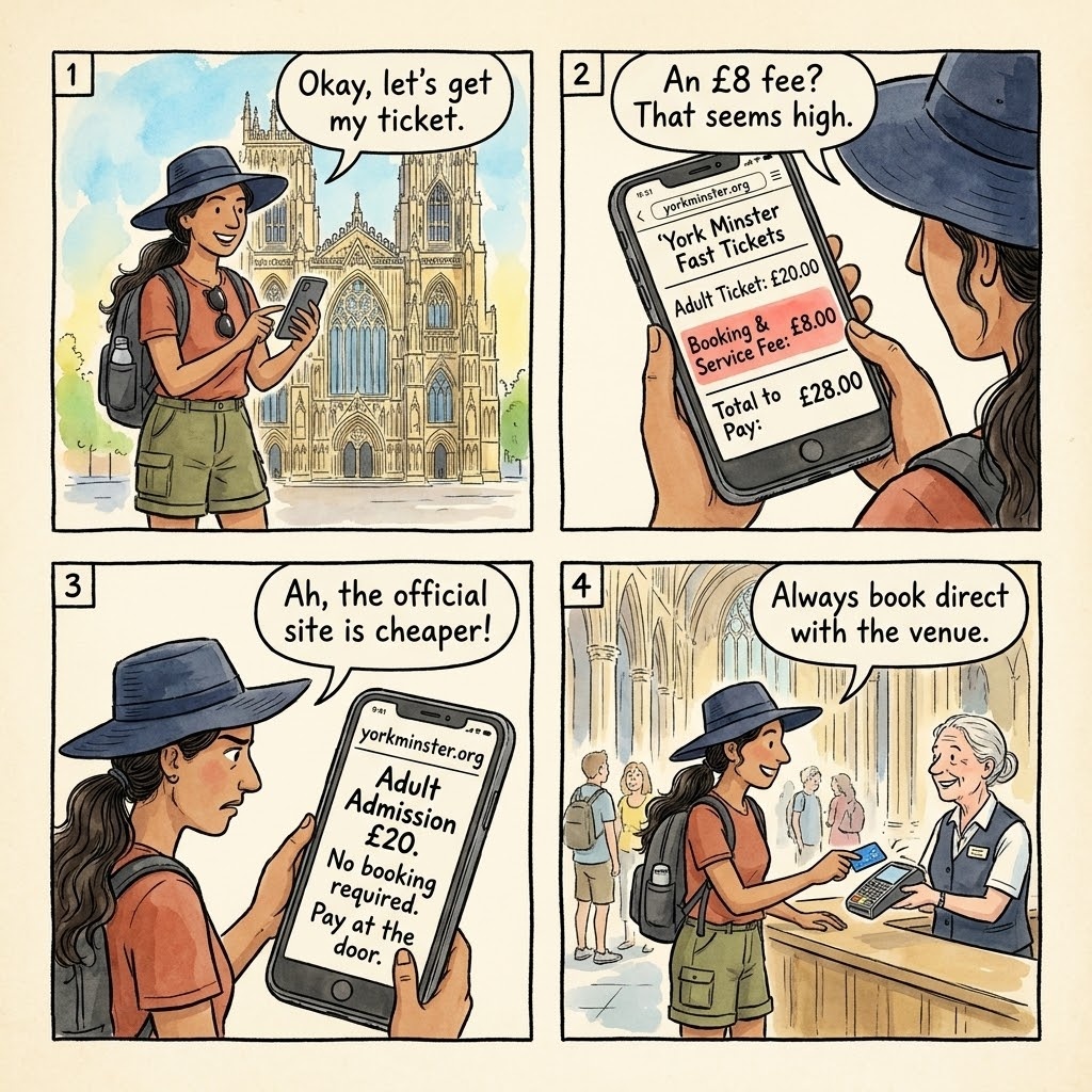 York Minster Admission Pricing & Third-Party Reseller Inflation — comic illustration