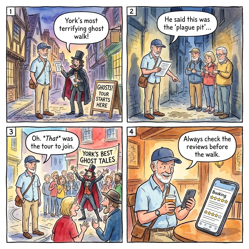 York Ghost Walk Operators — Unlicensed & Low-Quality Tour Fragmentation — comic illustration