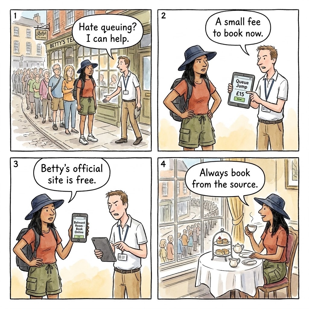 Betty's Tea Rooms 'Skip the Queue' Third-Party Booking Scam — comic illustration