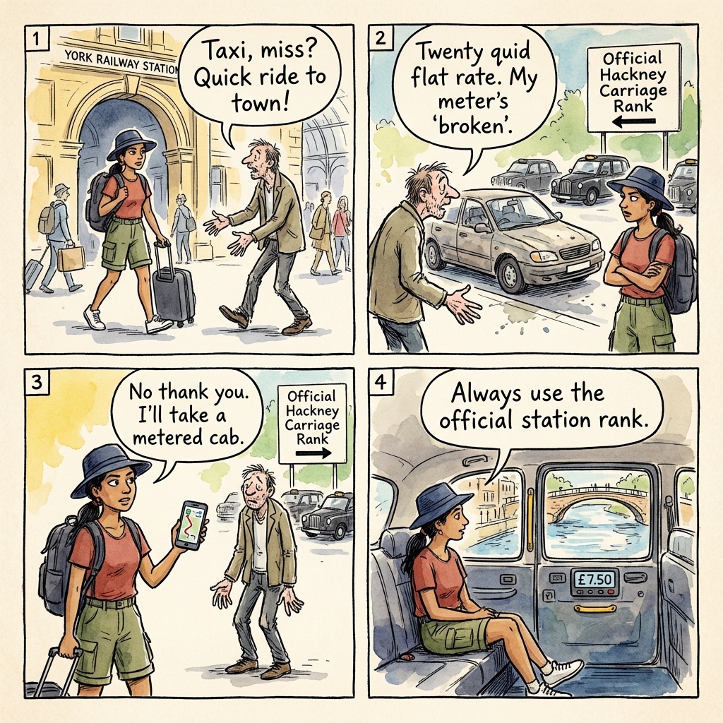 York Railway Station Taxi Rank & Station-Exit Aggressive Approach — comic illustration
