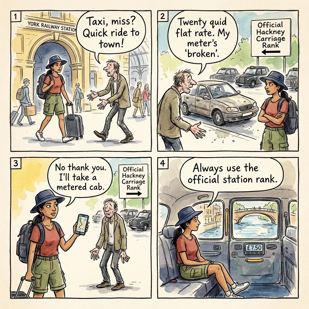York Railway Station Taxi Rank & Station-Exit Aggressive Approach — comic illustration