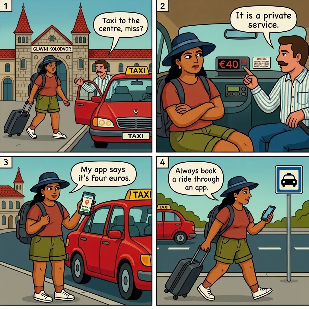 Zagreb Bus Station Unbranded Taxi Overcharge — comic illustration