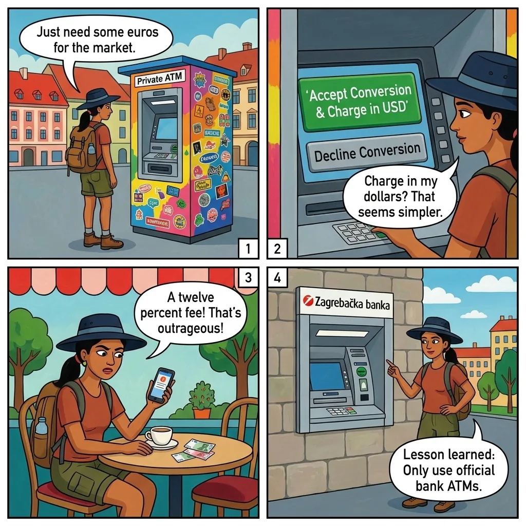Tourist-Zone Private ATM Currency-Conversion Trap — comic illustration