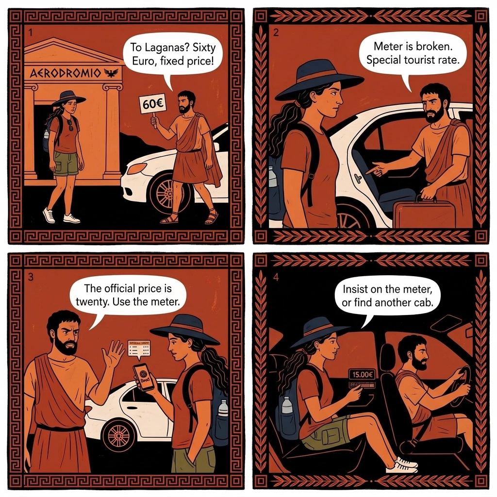 Zakynthos Airport ZTH Flat-Rate Taxi Inflation — comic illustration