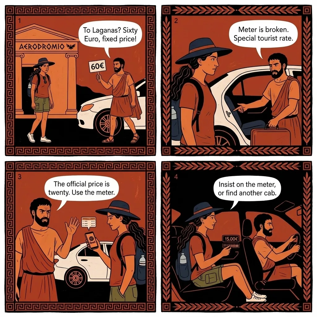 Zakynthos Airport ZTH Flat-Rate Taxi Inflation — comic illustration