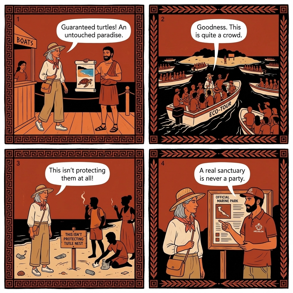 Marathonisi Turtle Island Boat-Tour Overcrowding — comic illustration