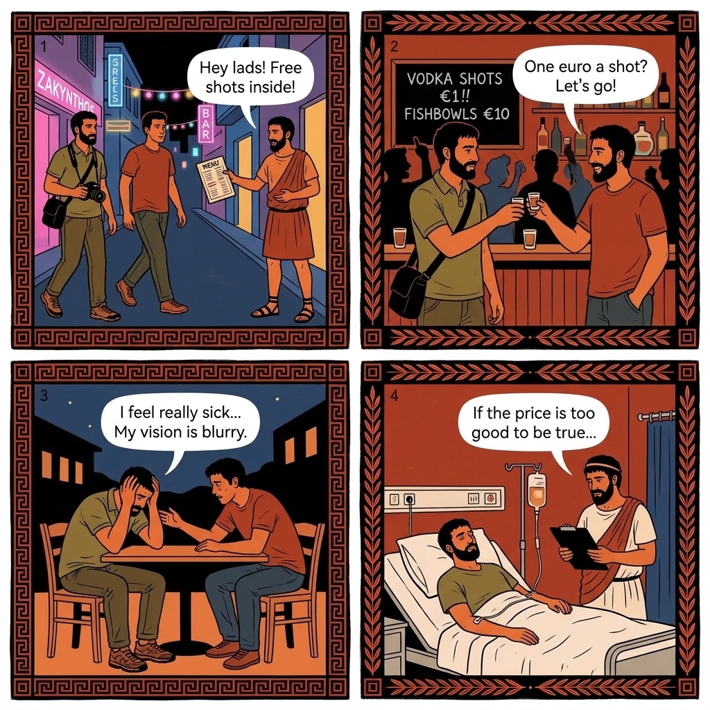 Laganas Strip Spiked Cocktails and Bootleg Vodka — comic illustration