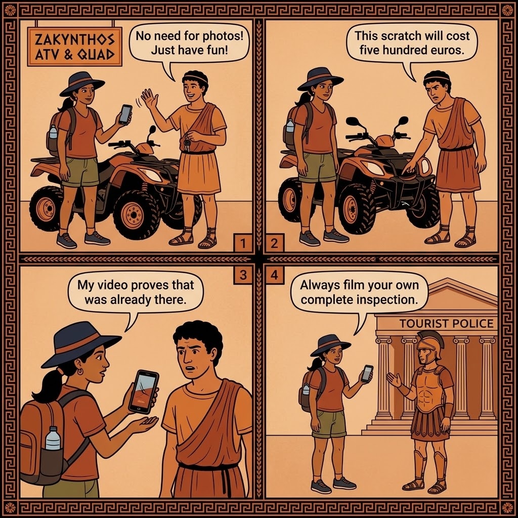 Quad and ATV Rental Damage-Deposit Cycle — comic illustration