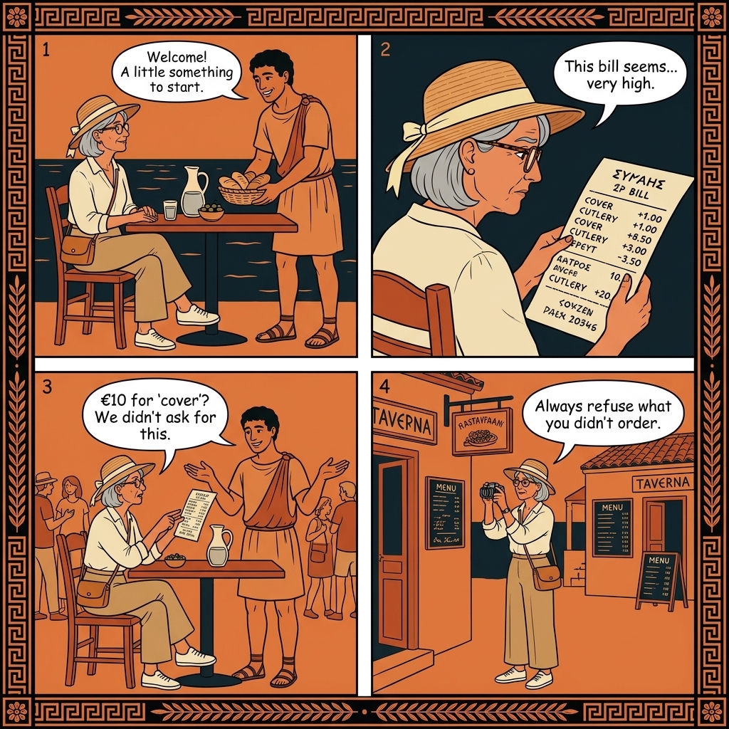 Argassi and Laganas Tourist-Menu Cover-Charge Padding — comic illustration