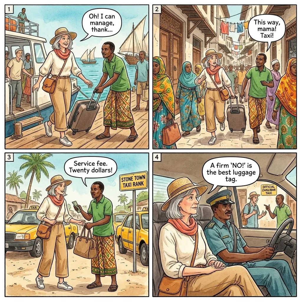 The Stone Town Ferry-Porter Bag Walk-Off — comic illustration