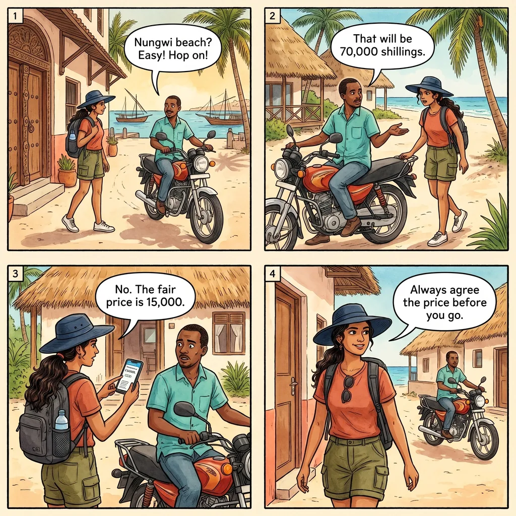 The Zanzibar Boda-Boda No-Meter Detour — comic illustration