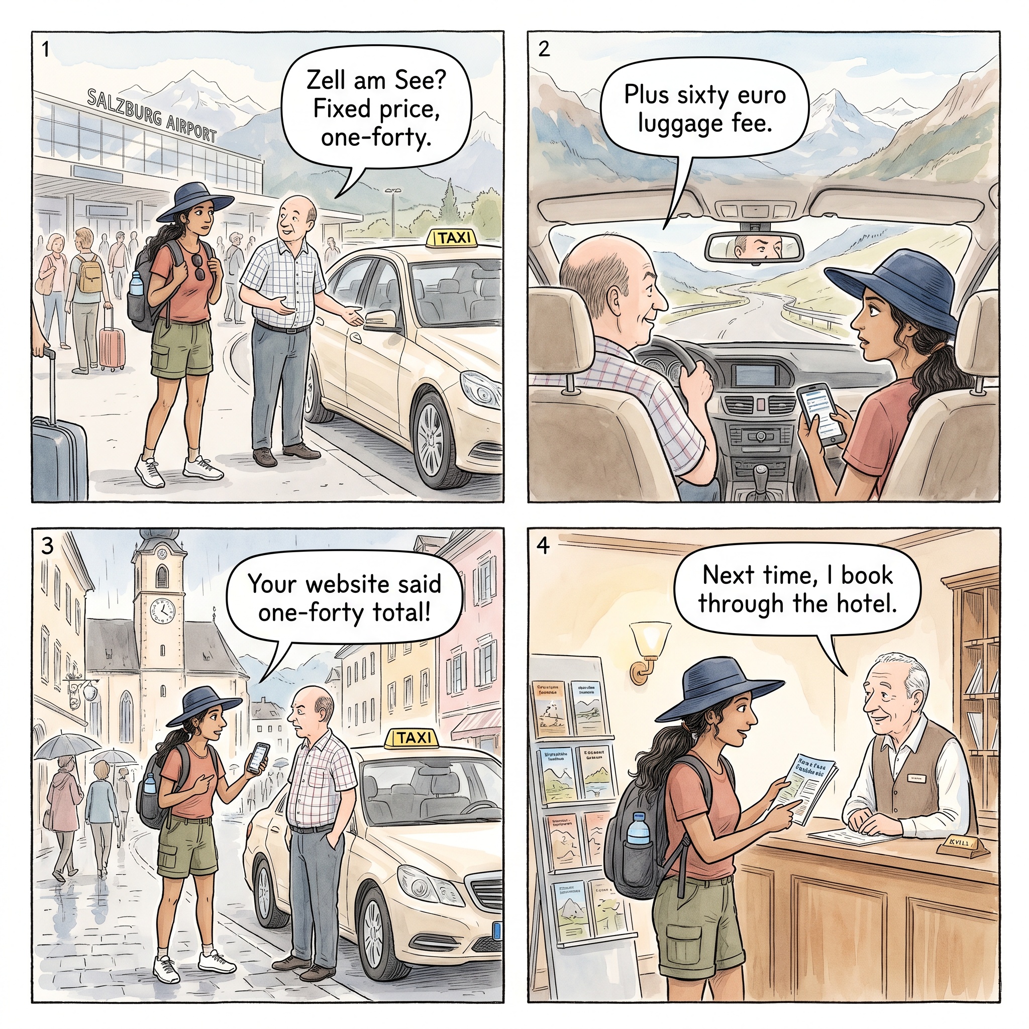 Salzburg Airport Transfer Fixed-Price Shakedown — comic illustration