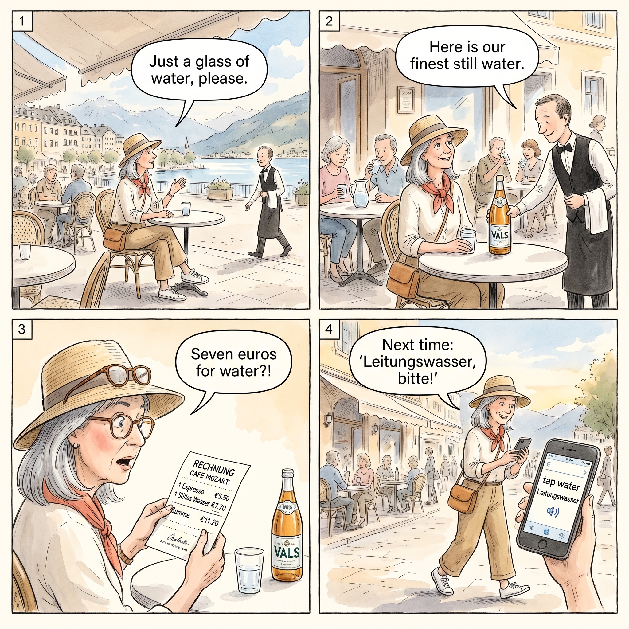 Esplanade Cafe Water and Bill Padding — comic illustration