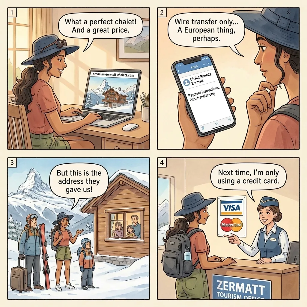 Premium Ski Chalets Wire-Transfer Booking Scam — comic illustration