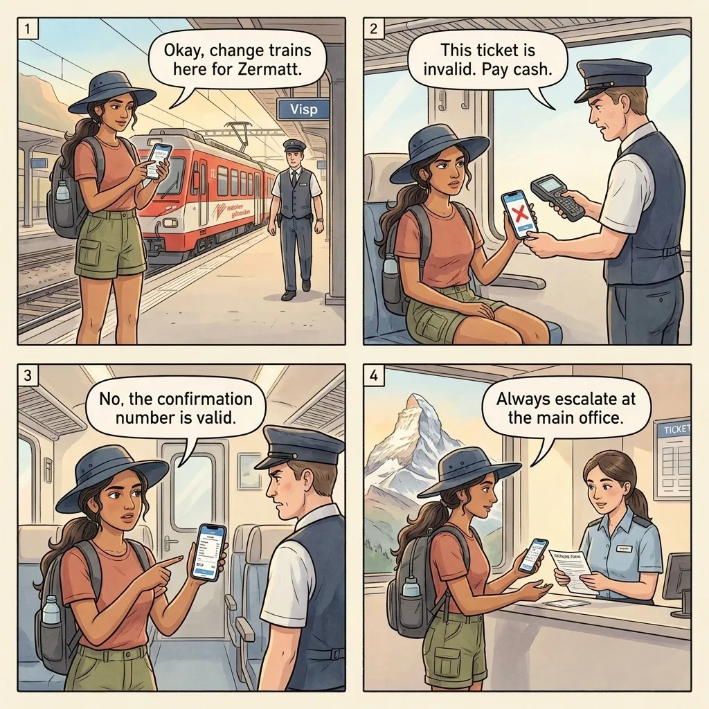 Visp-Zermatt Train Ticket Repurchase Forced — comic illustration