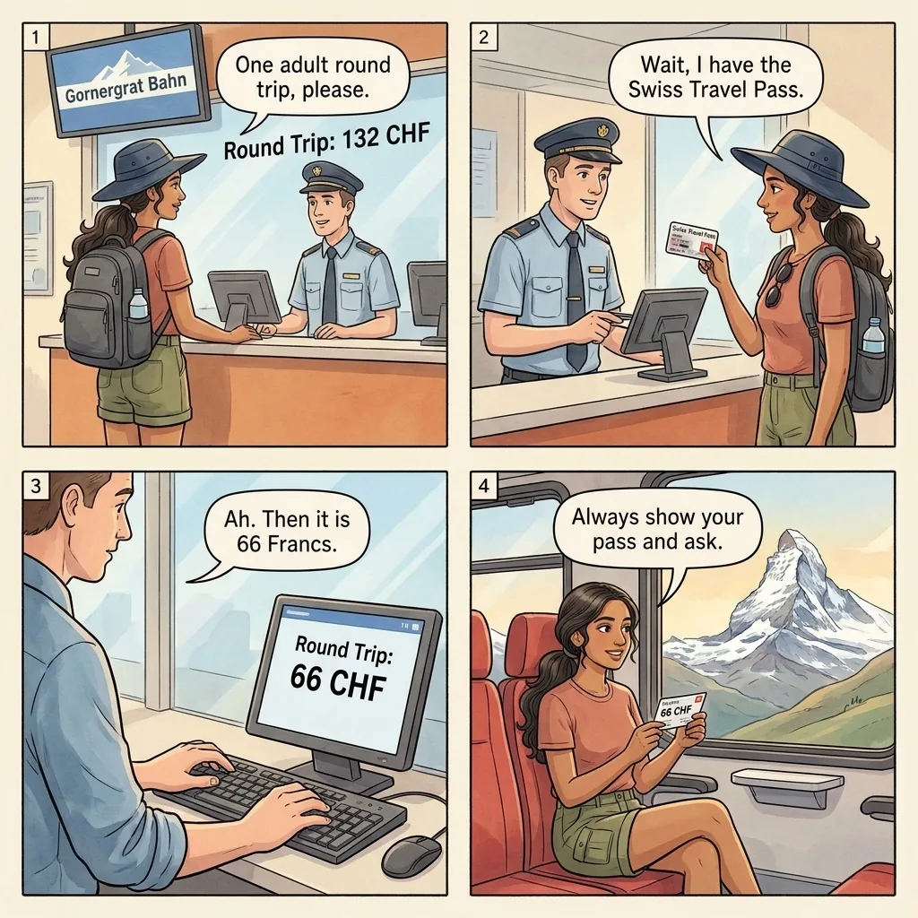 Gornergrat Bahn Pass Discount Confusion — comic illustration