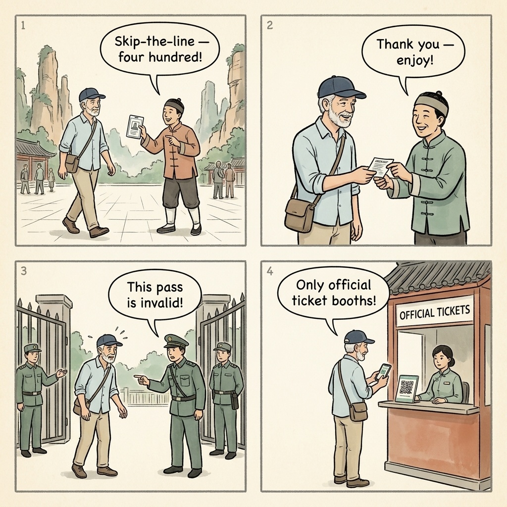 Zhangjiajie National Park Ticket Overcharge & Fake Skip-the-Line — comic illustration