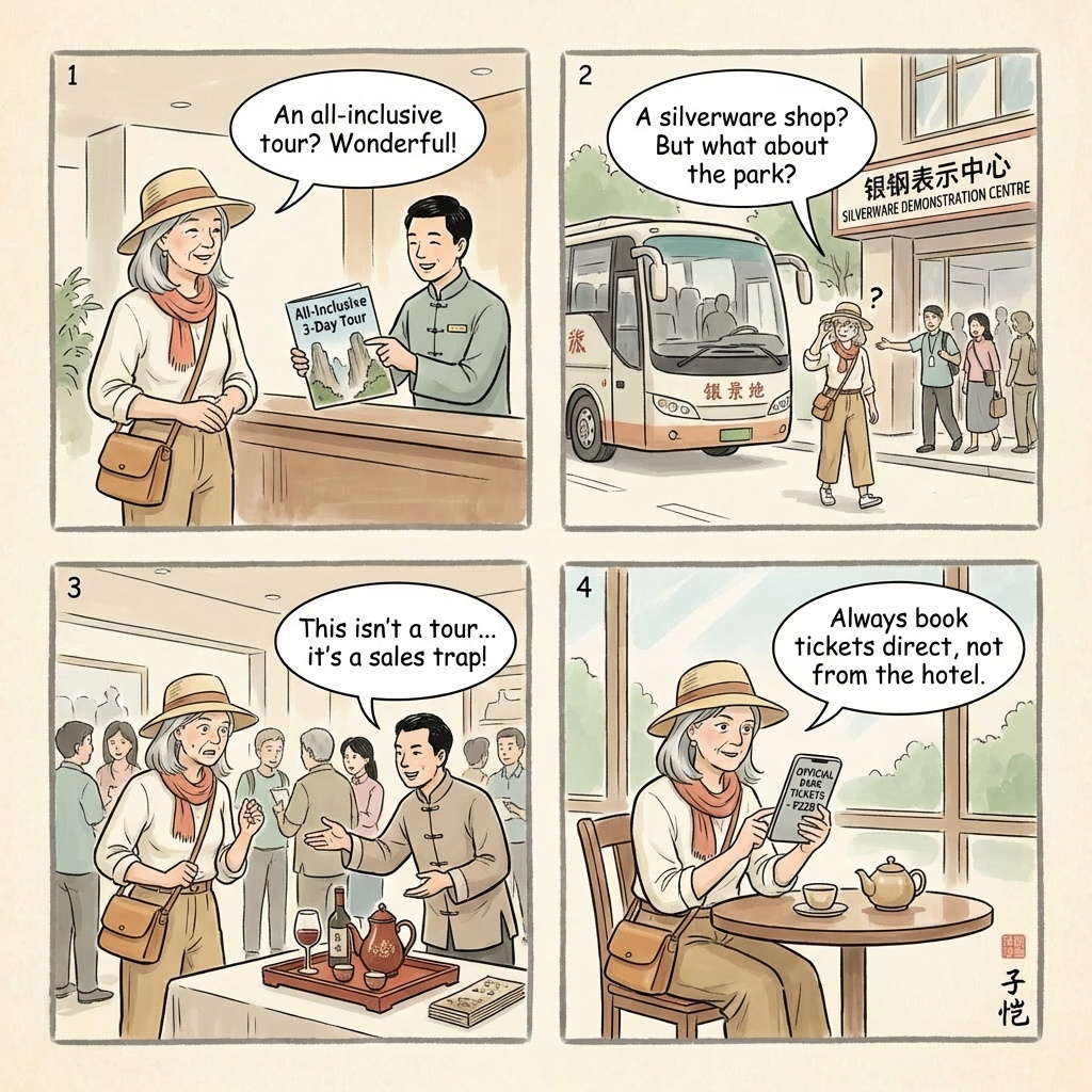 Zhangjiajie Hotel-Concierge Multi-Day Tour Overcharge & Shopping Stops — comic illustration