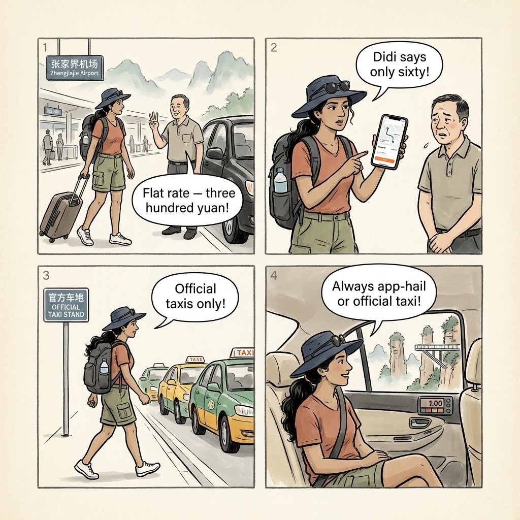 Zhangjiajie Airport & Long-Distance Bus Taxi Scams — comic illustration