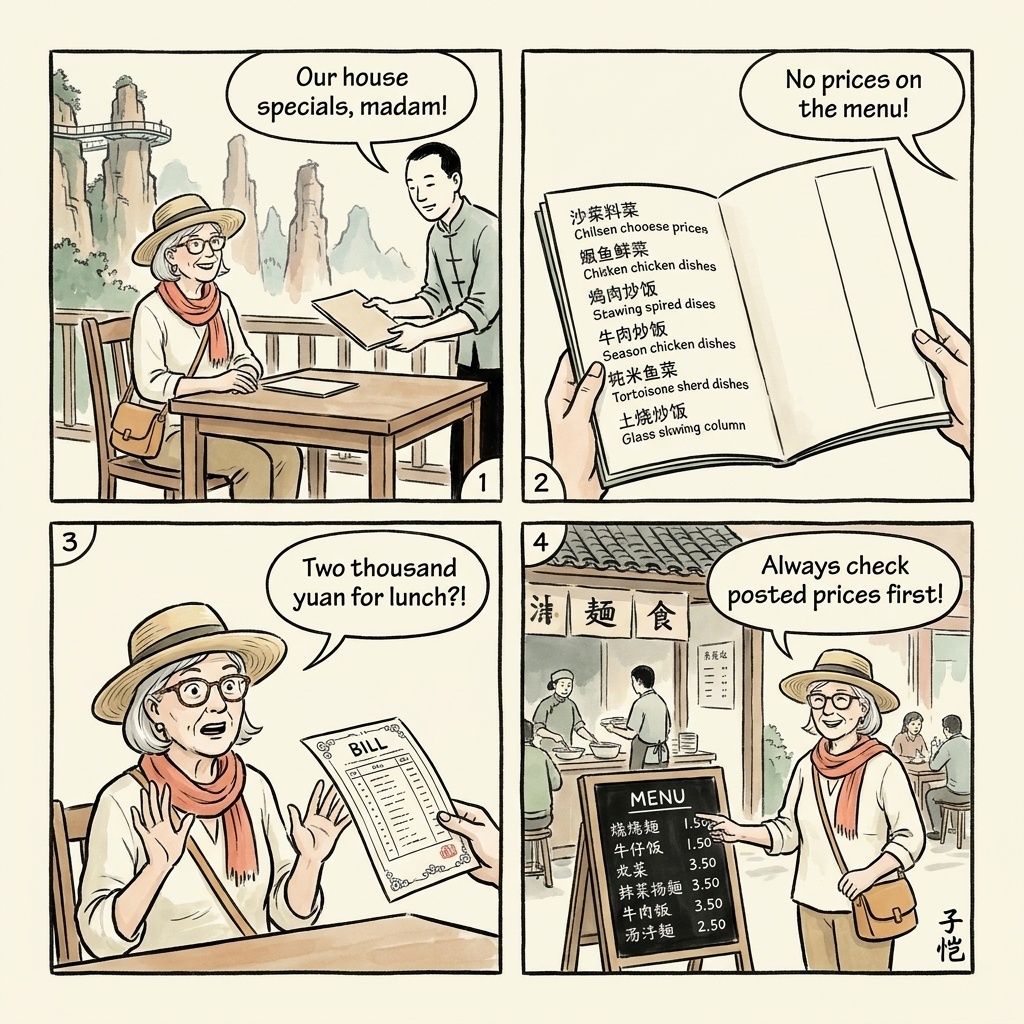 Wulingyuan Tourist-Menu Restaurant Overcharge — comic illustration