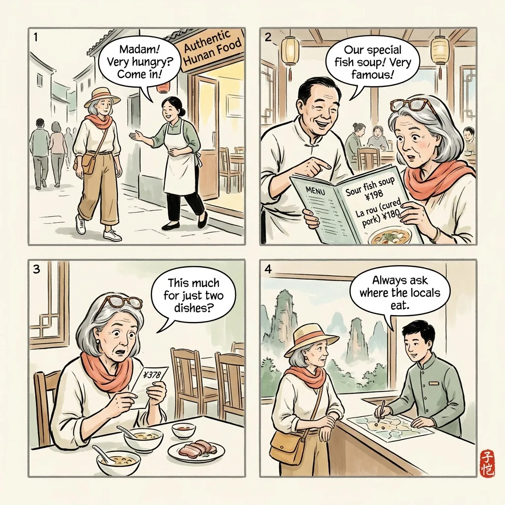 Wulingyuan Tourist-Menu Restaurant Overcharge — comic illustration