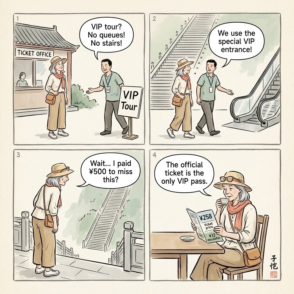 Tianmen Mountain 'Skipped-Section' Tour Scam — comic illustration